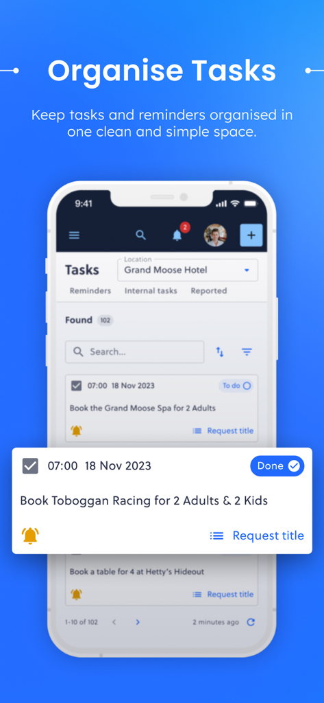 Alliants Staff App - Alliants Staff App interface showing organized hotel tasks and guest activity reminders for hospitality professionals.