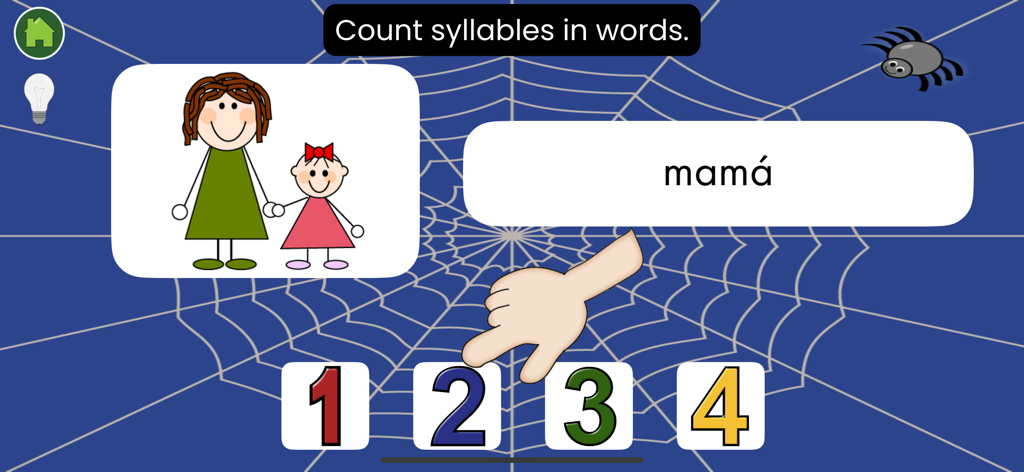 Lee Paso a Paso - An educational screen from the Lee Paso a Paso app showing a syllable counting game for the Spanish word mama.