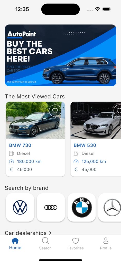 autopoint.mk - The home screen of the autopoint.mk app featuring featured car listings and car brand search categories.