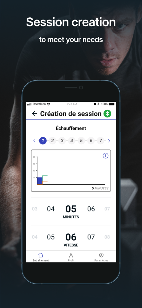 Domyos E Connected - Interface de l'application Domyos E Connected pour créer une séance de fractionnés personnalisée avec des réglages de vitesse et de durée sur mesure
