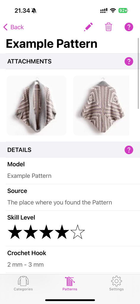 Crocheting Patterns Lite - Pantalla de la aplicación Crocheting Patterns Lite que muestra un patrón con fotos y detalles del tamaño de la aguja