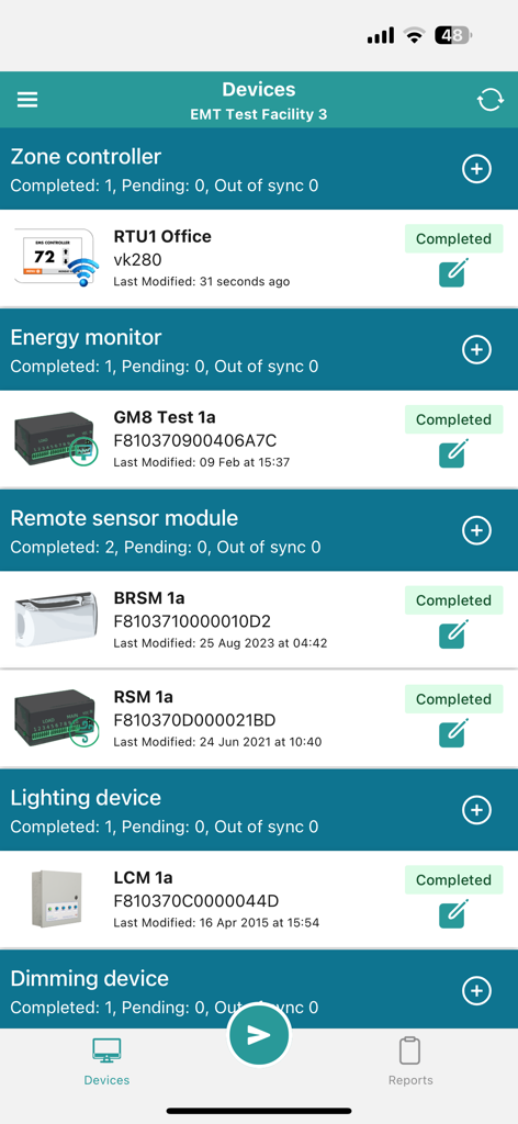 ENTOUCH Installer Tool screen displaying a list of commissioned building automation devices including zone controllers and energy monitors