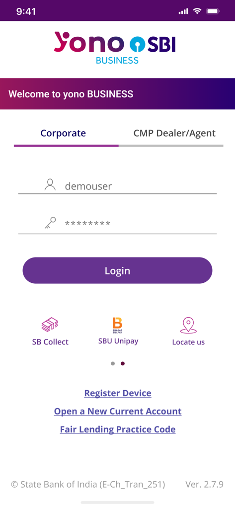 Yono Business SBI - Yono Business SBI mobile app corporate login screen with username and password entry fields.