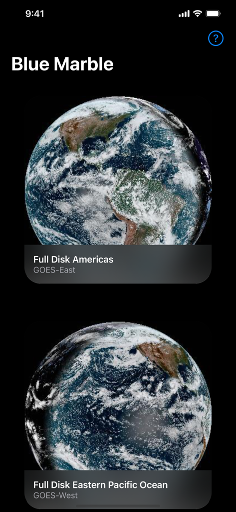 Blue Marble – Satellite Widget - 지구의 실시간 위성 이미지를 보여주는 블루 마블 앱 인터페이스.
