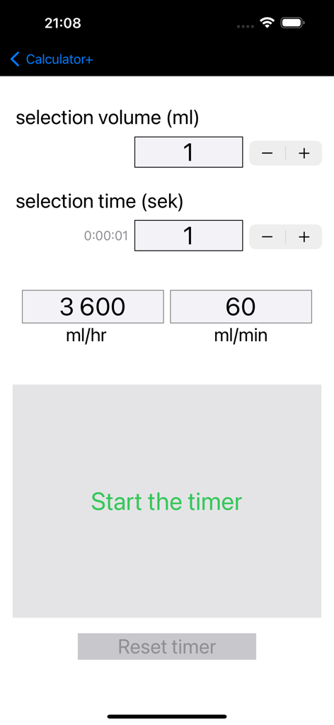 Oberfläche eines Durchflussrechners für die Spirituosen-Destillation mit Eingaben für Volumen und Zeit sowie einer Start-Timer-Taste