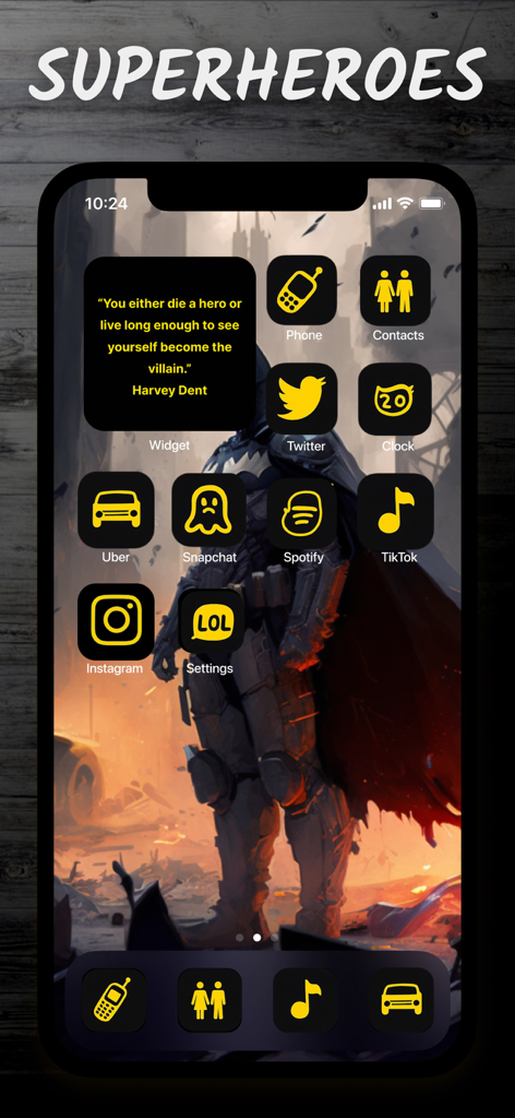4k Wallpapers, Widgets: Plaw - iPhone home screen with a dark superhero wallpaper and custom yellow and black icons