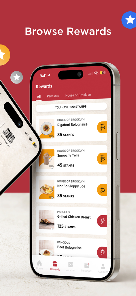 Pancious - Mobile app interface showing a list of food rewards redeemable for stamps in the Pancious loyalty program