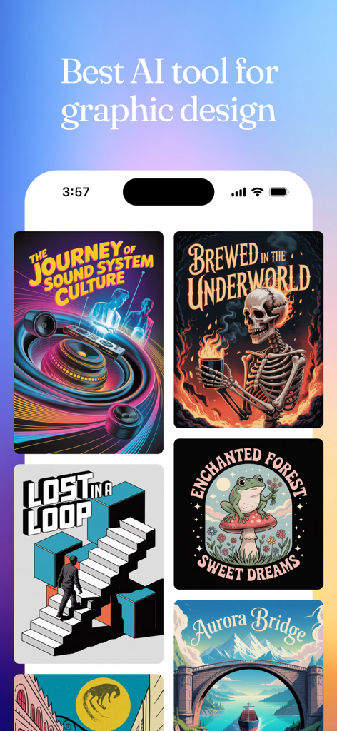 Una colección de pósters y diseños generados por IA con tipografía artística creados utilizando la aplicación Ideogram AI.