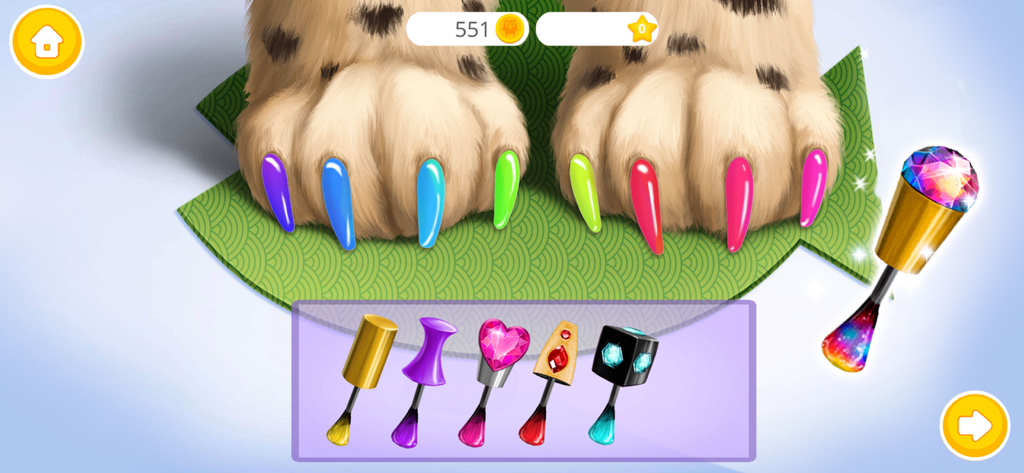 Cat Hair Salon Birthday Party - Juego de manicura de gatos a todo color que muestra garras pintadas y botellas de esmalte de uñas