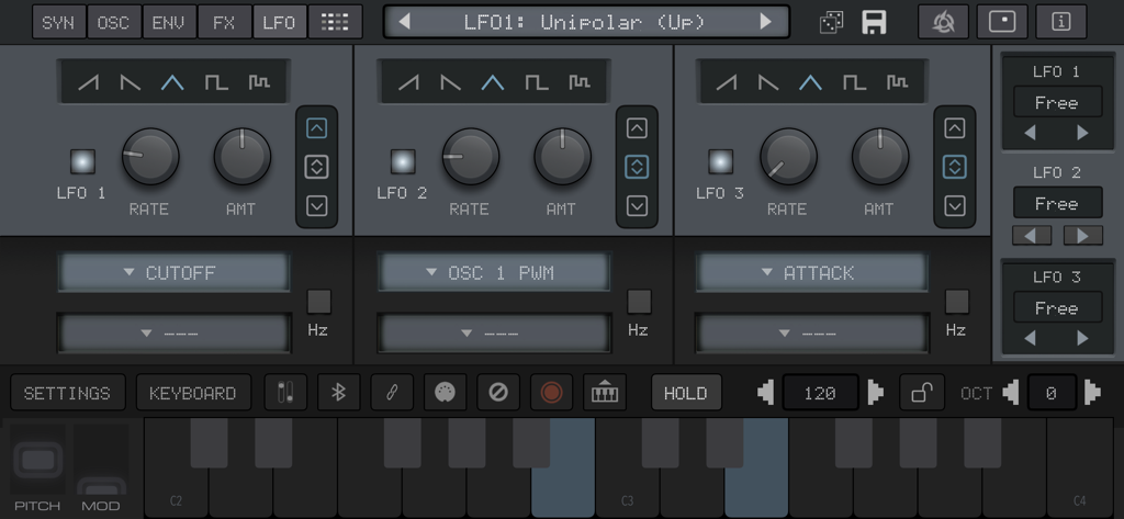 VIRAL Synth T2x | Synthesizer - VIRAL Synth T2x mobile interface showing three LFO units with rate and amount controls and a digital keyboard