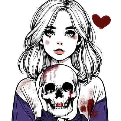 realistic girl holding a skull
