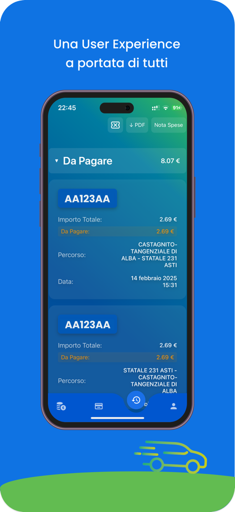 FreeFlow A33 - Smartphone screen showing pending toll payments and transit details on the FreeFlow A33 app