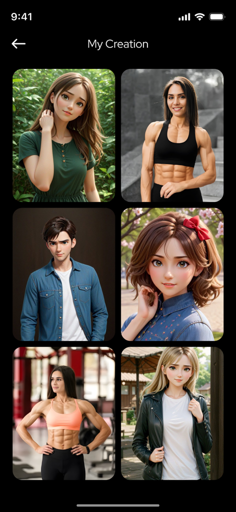 AI Muscle Generator - BodyGoal - AI生成された筋肉質なフィットネス写真と漫画スタイルのキャラクターポートレートのギャラリーを表示。