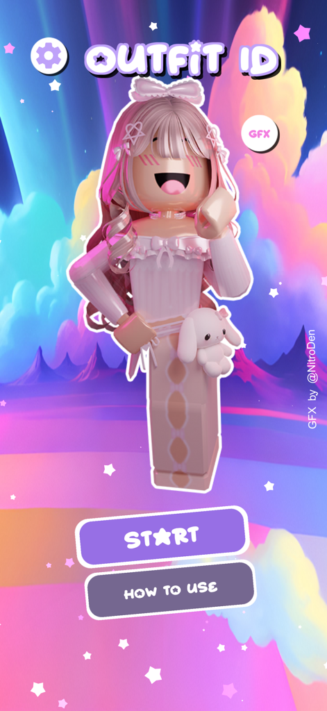 Home screen of the Outfit ID codes for Roblox app featuring a pink aesthetic avatar and start button