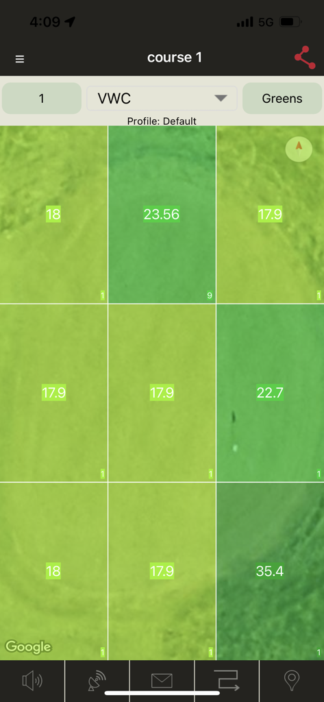 La aplicación FieldScout Mobile muestra datos de humedad del suelo en una vista de cuadrícula para un green de campo de golf
