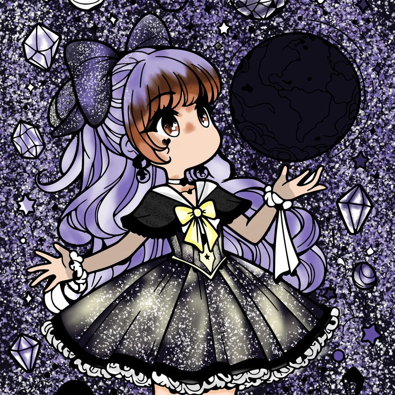 magical girl with floating orb in hand  crystals everywhere.