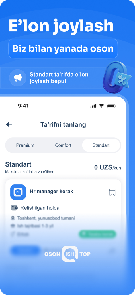 Oson Ish Top - Oson Ish Top app interface for selecting job posting plans
