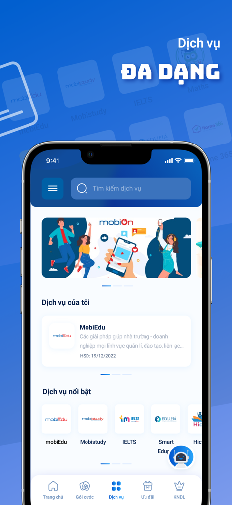 Captura de pantalla de la aplicación móvil My MobiFone que muestra diversos servicios digitales, incluidas plataformas educativas