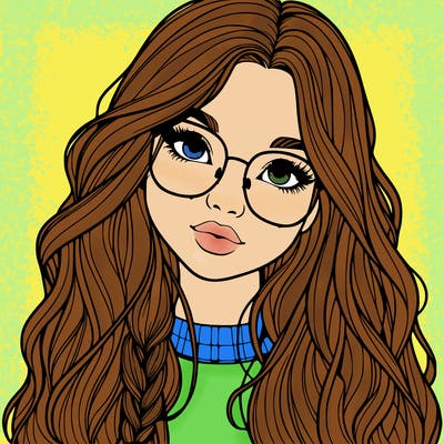 girl with long hair and freckles and glasses realistic