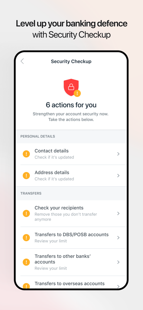 DBS digibank - Security checkup screen in the DBS digibank app showing actions to strengthen account security and review transfer limits