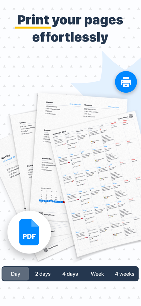 Planner: Daily, Weekly Diary - Interface showing the option to print daily and weekly planner pages or export them as PDF files.