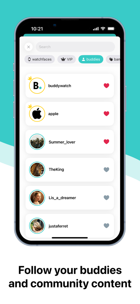 Buddywatch - Watch Faces - Liste de profils d'utilisateurs à suivre dans la communauté de l'application Buddywatch