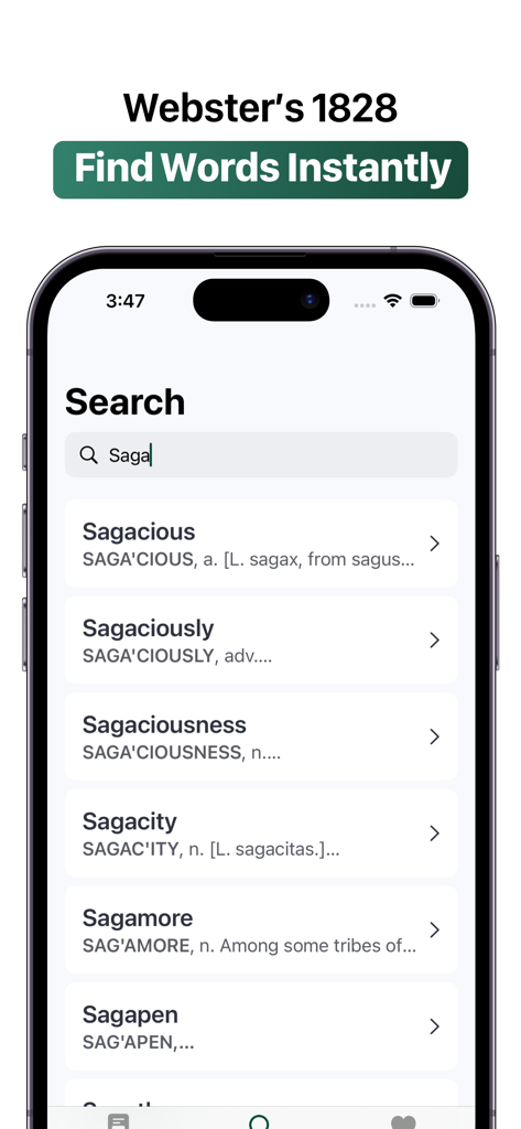 1828 Dictionary - Webster's - A search screen within the Webster's 1828 Dictionary app showing a list of historical word definitions starting with Saga