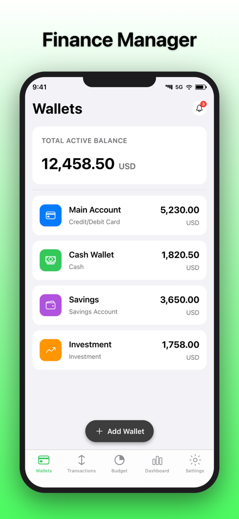 Money Manager: Budget Planner! - Screenshot of Money Manager app displaying multiple wallets including Main Account Cash Savings and Investment
