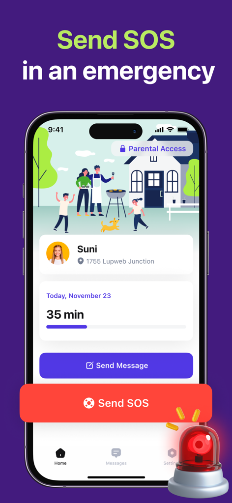 FamiGo app screen with a red Send SOS button for child emergency alerts