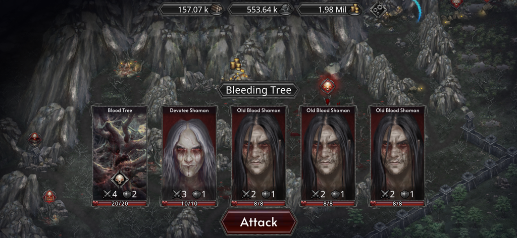 Champions of Avan - Idle RPG - Interface de batalha em Champions of Avan Idle RPG mostrando xamãs inimigos e recursos