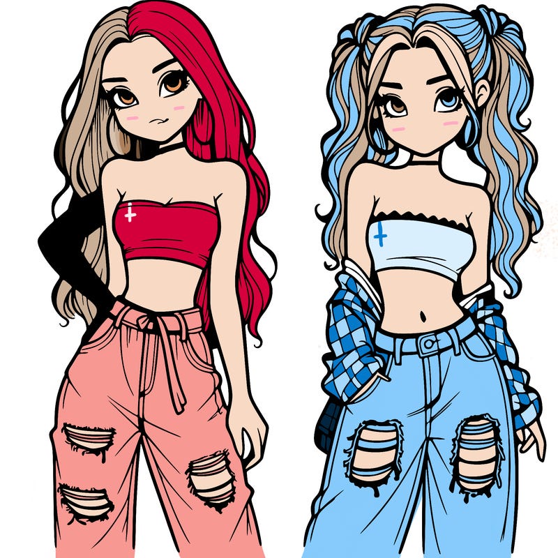 2 girls in crop tops and baggy jeans ripped
