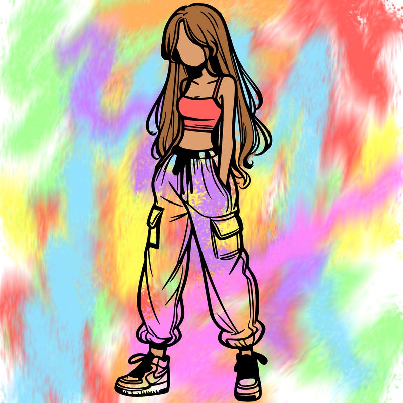 girl in baggy pants crop top and long hair