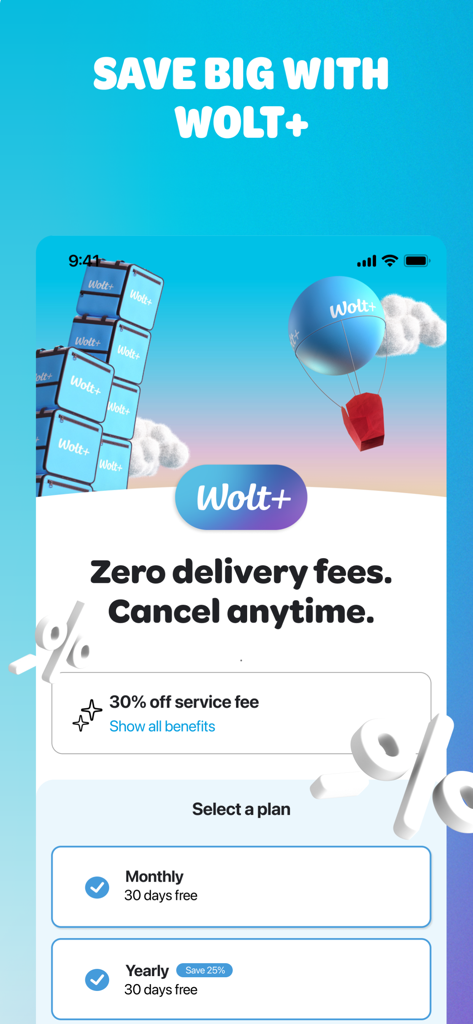 La page d'abonnement Wolt Plus présente l'absence de frais de livraison, une réduction de 30 % sur les frais de service et des options de forfait mensuel ou annuel.