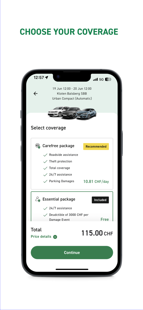Enterprise GO Rent-A-Car - Écran mobile de l'application Enterprise GO montrant différentes options de couverture d'assurance de location de voiture et leurs prix en Suisse