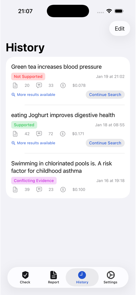 MedicalFactChecker - History screen of the MedicalFactChecker app showing past search results and scientific evidence verdicts for medical claims
