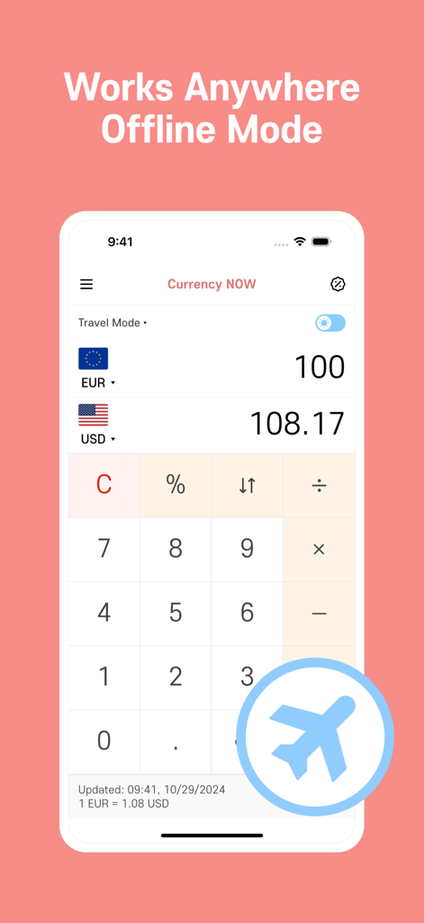 Currency Converter NOW+ - Interfaz de la aplicación Convertidor de Divisas NOW destacando el modo sin conexión para viajeros globales