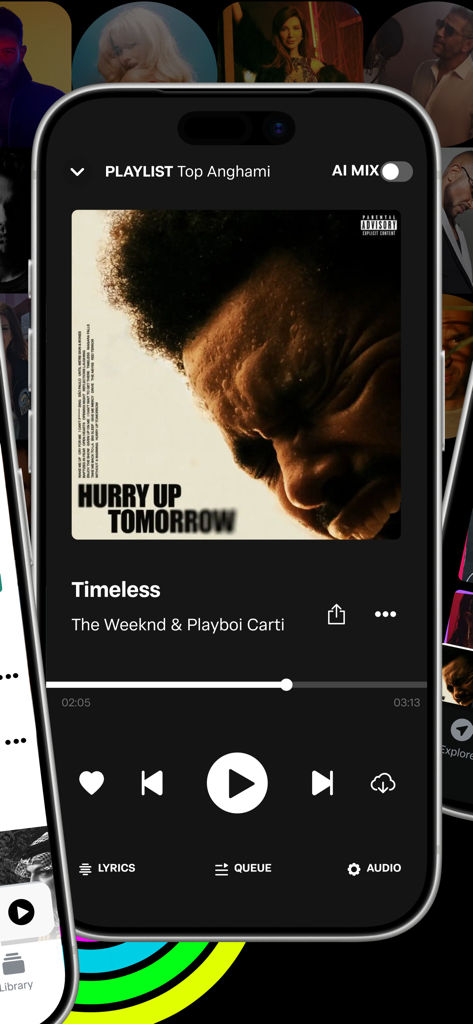 Anghami: Play Music & Podcasts - Interfaz del reproductor de música de la aplicación móvil Anghami que muestra la reproducción de canciones con letras y opciones de cola.