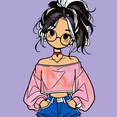 girl with a messy ponytail glasses a baggy crop top and jean shorts