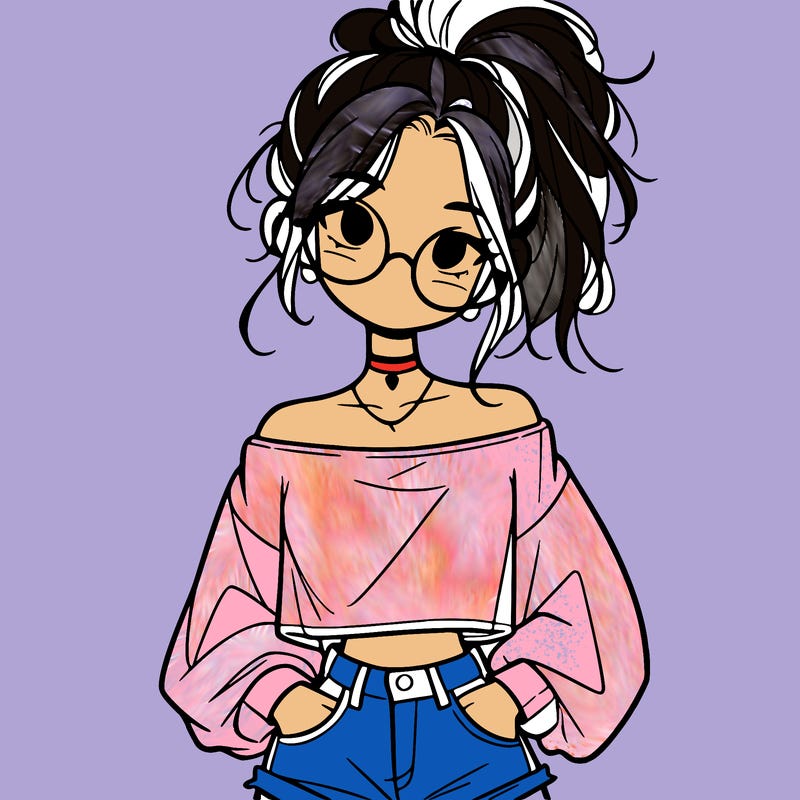 girl with a messy ponytail glasses a baggy crop top and jean shorts