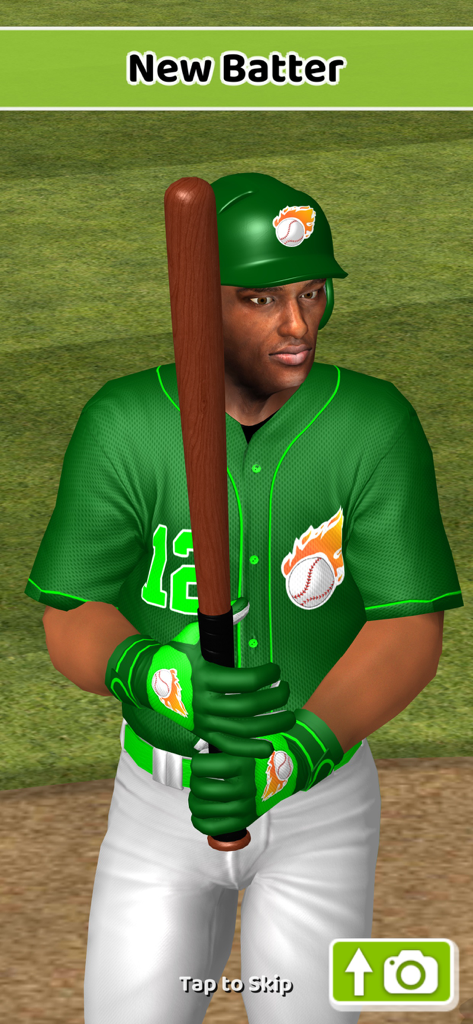 Baseball Game On: offline fun - Un bateador de béisbol 3D realista con uniforme verde y un bate de madera