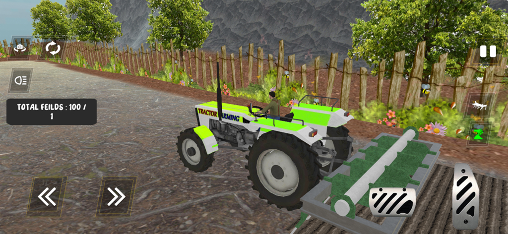 Farm Tractor Simulator 2025 - Captura de pantalla del juego Farm Tractor Simulator 2025 mostrando un tractor cultivando un campo con gráficos 3D y controles en pantalla