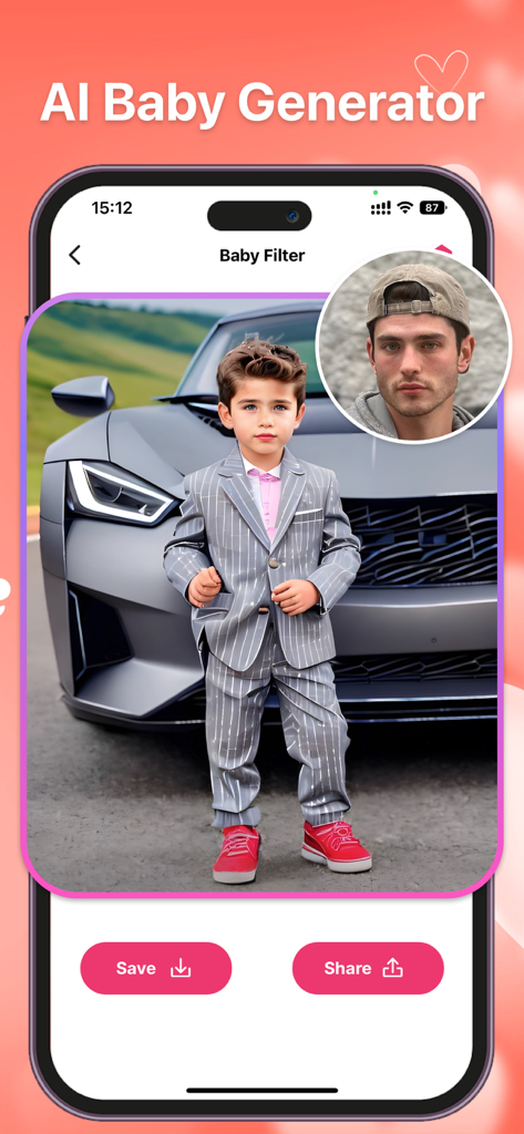 AI Future Baby Face Generator app interface showing a predicted young boy in a grey suit in front of a car