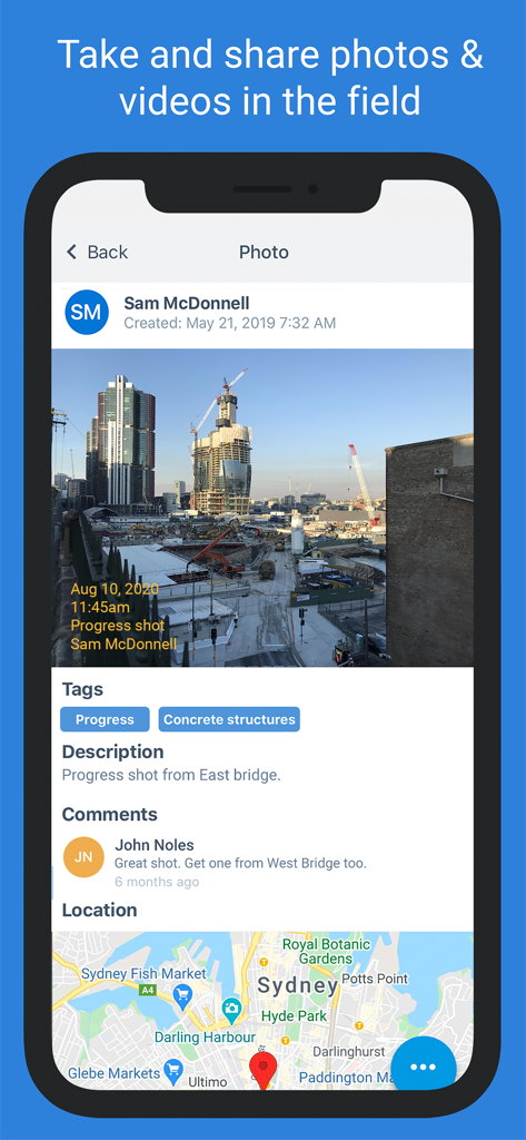 Dashpivot - Dashpivot app interface showing a construction site progress photo with tags and location map
