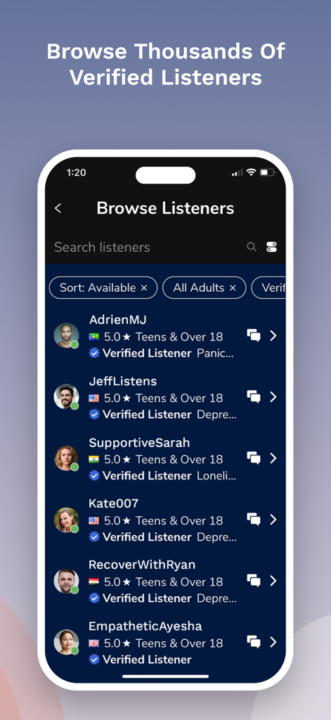 7 Cups: Online Therapy & Chat - Tela do aplicativo móvel mostrando uma lista de ouvintes verificados disponíveis para chat anônimo e suporte emocional.