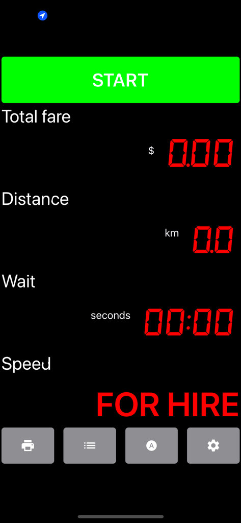 TAXImet - Taximeter - Main screen of the TAXImet app showing total fare, distance, and for hire status with a green start button.