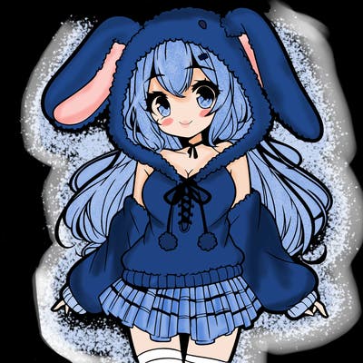 pretty anime girl wearing a fluffy hoodie with bunny ears on the hood and a skirt