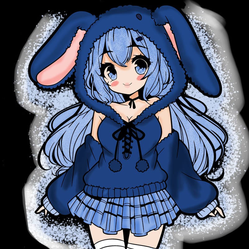 pretty anime girl wearing a fluffy hoodie with bunny ears on the hood and a skirt