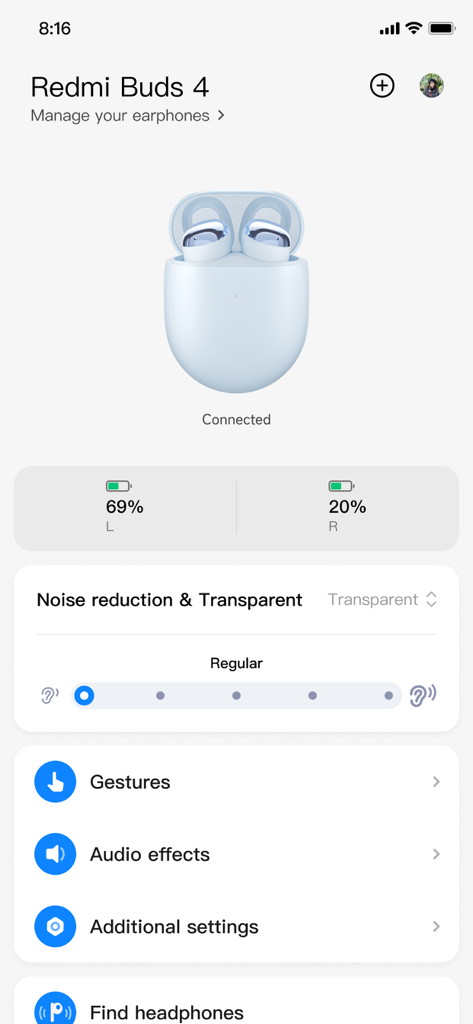 Xiaomi Earbuds mobile app dashboard for Redmi Buds 4 showing battery status and sound controls