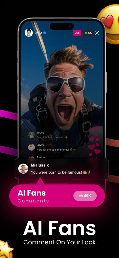 Famely - AI Fake Stream Prank - Smartphone screenshot of the Famely app showing a simulated live stream with forty nine thousand AI fans and positive comments like you were born to be famous