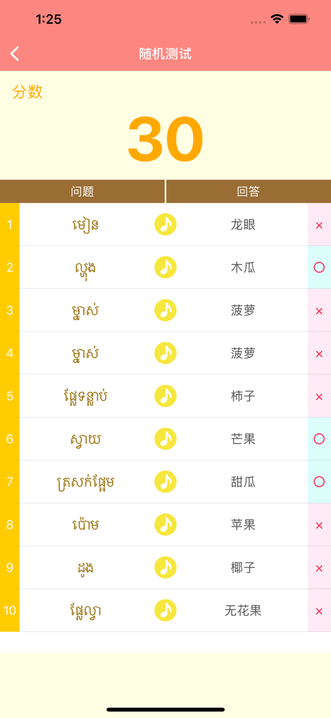 A quiz result screen showing Khmer vocabulary for fruits with their Chinese translations and audio playback options.